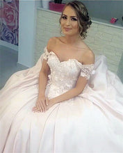 Load image into Gallery viewer, Beautiful Lace Off The Shoulder Ball Gown Satin Wedding Dresses