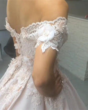 Load image into Gallery viewer, Beautiful Lace Off The Shoulder Ball Gown Satin Wedding Dresses