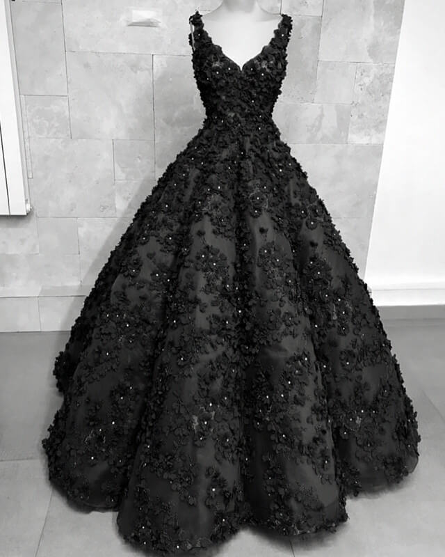 Black 3D Flowers Wedding Dresses V-neck Ball Gown Black 3D Flowers Wedding Dresses V-neck Ball Gown
