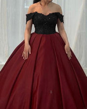 Load image into Gallery viewer, Black And Burgundy Wedding Dress Satin