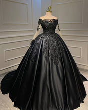 Load image into Gallery viewer, Ball Gown Appliques Long Sleeve Satin Dress