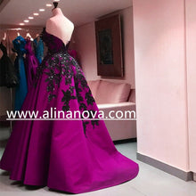 Load image into Gallery viewer, Black Embroidery Beaded Satin Strapless Ball Gowns Couture Evening Dress