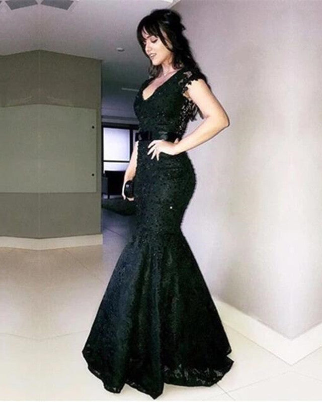 V Neck Bow Sashes Black Lace Mermaid Evening Dresses V Neck Bow Sashes Black Lace Mermaid Evening Dresses