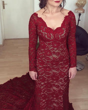 Load image into Gallery viewer, Burgundy Lace Prom Dresses Mermaid Long Sleeves
