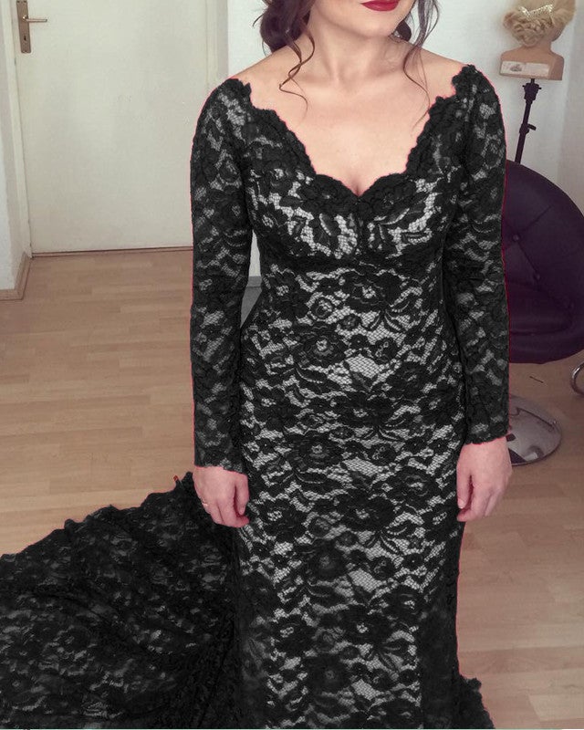 Black Long Sleeve Prom Dress Mermaid Lace V-Neck