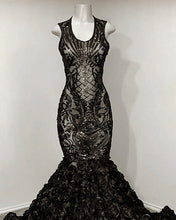 Load image into Gallery viewer, Black Mermaid Sequin Rosette Prom Dresses