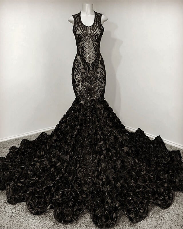 Black Mermaid Sequin Rosette Prom Dresses Black Mermaid Sequin Rosette Prom Dresses