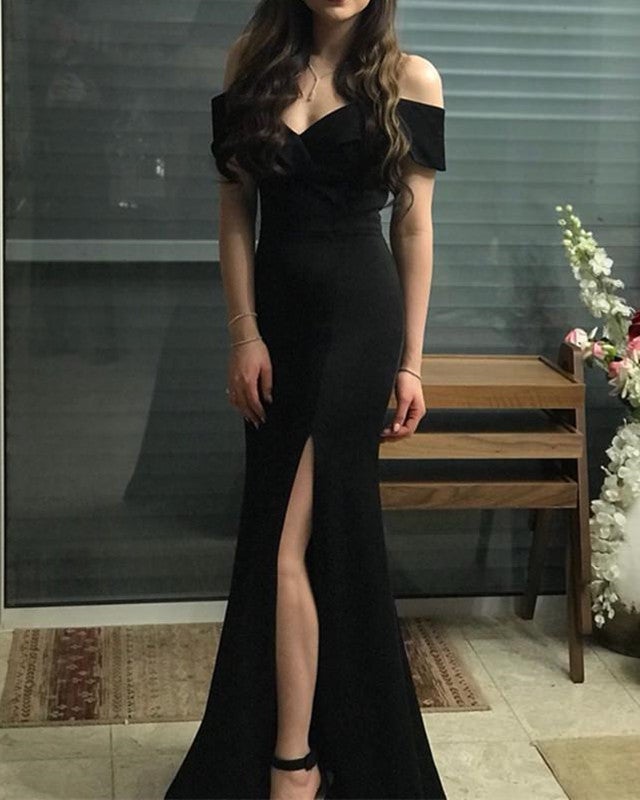 Black Satin Prom Dresses Mermaid Off The Shoulder alinanova Black Satin Prom Dresses Mermaid Off The Shoulder alinanova