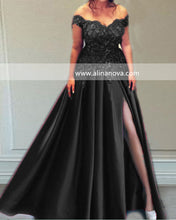 Load image into Gallery viewer, Off The Shoulder Split Satin Prom Dresses With 3D Flowers