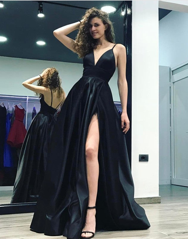 Black Satin V-neck Evening Gowns Long Slit Prom Dresses – alinanova