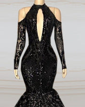 Load image into Gallery viewer, Black Sequin Prom Dresses Cold Sleeves