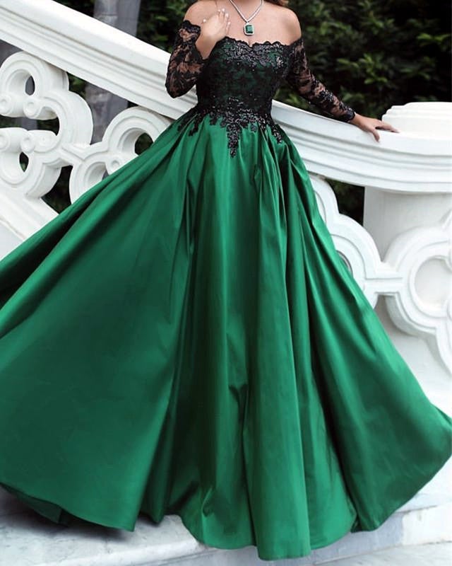 Black Sequins Lace Long Sleeves Satin Ball Gowns Off The Shoulder Black Sequins Lace Long Sleeves Satin Ball Gowns Off The Shoulder