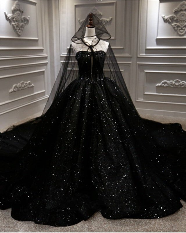 Black Sparkly Wedding Dress Ball Gown With Cape Veil Black Sparkly Wedding Dress Ball Gown With Cape Veil