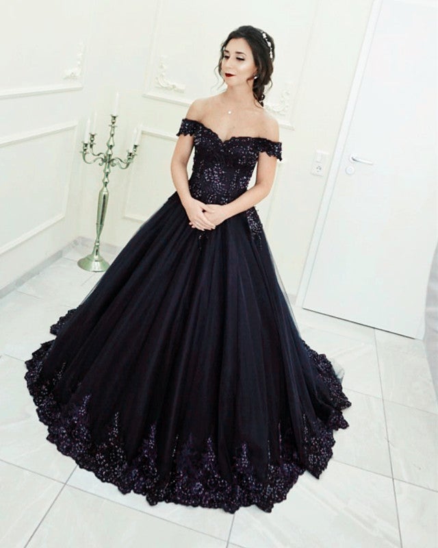 Black Tulle Ball Gowns Wedding Dress V Neck Lace Off The Shoulder Black Tulle Ball Gowns Wedding Dress V Neck Lace Off The Shoulder