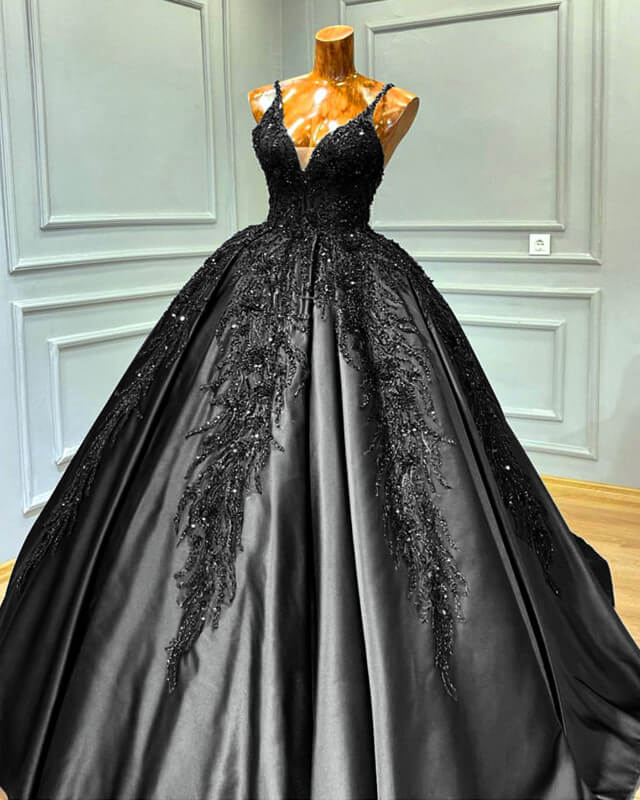 Black V-Neck Wedding Dress Satin Appliques Beaded