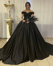 Load image into Gallery viewer, Black Wedding Dress Off Shoulder Satin Ball Gown Lace Appliques
