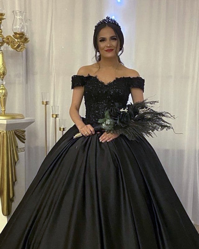 Black Wedding Dress Off Shoulder Satin Ball Gown Lace Appliques Black Wedding Dress Off Shoulder Satin Ball Gown Lace Appliques