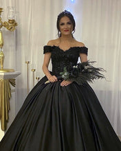 Load image into Gallery viewer, Black Wedding Dress Off Shoulder Satin Ball Gown Lace Appliques-alinanova
