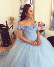 Load image into Gallery viewer, Bling Bling Sequins Beaded Corset Tulle Ball Gowns Flower Wedding Dress Off Shoulder