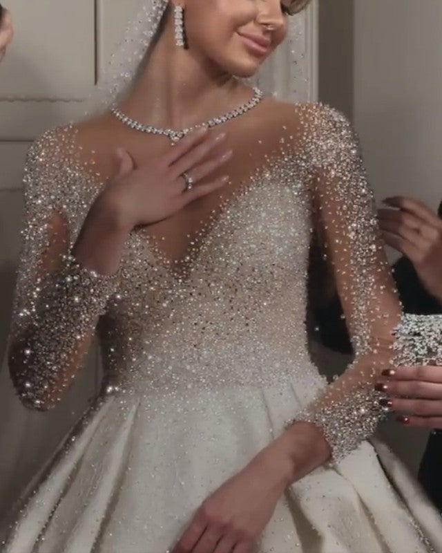 Bling Bling Wedding Dress Ball Gown Long Sleeves Sequin Beaded