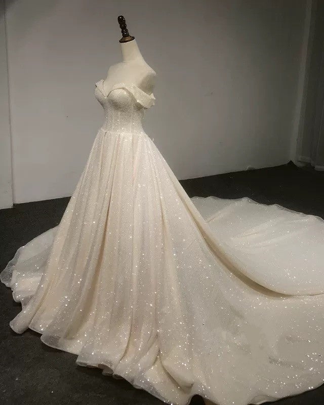 strapless open back dress Bling Bling Wedding Dress Sequins Off Shoulder