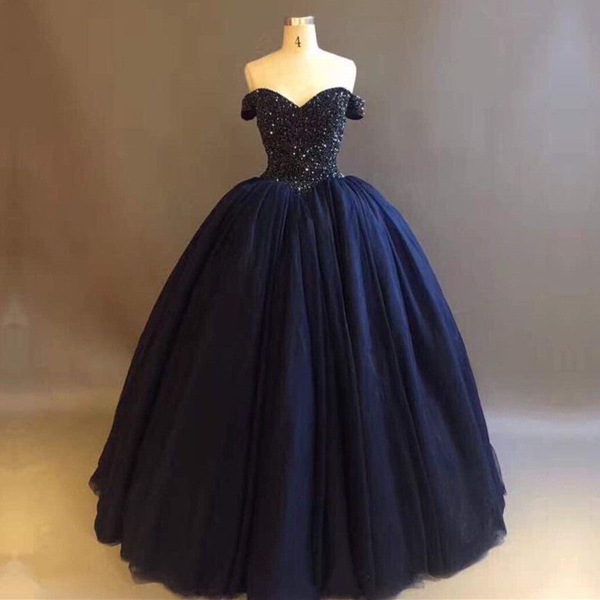 Bling Bodice Corset Navy Blue Ball Gowns Wedding Dresses Off The Shoulder