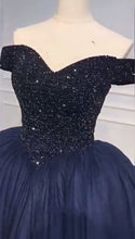 Load image into Gallery viewer, Bling Bodice Corset Navy Blue Ball Gowns Wedding Dresses Off The Shoulder