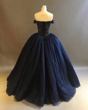 Load image into Gallery viewer, Bling Bodice Corset Navy Blue Ball Gowns Wedding Dresses Off The Shoulder