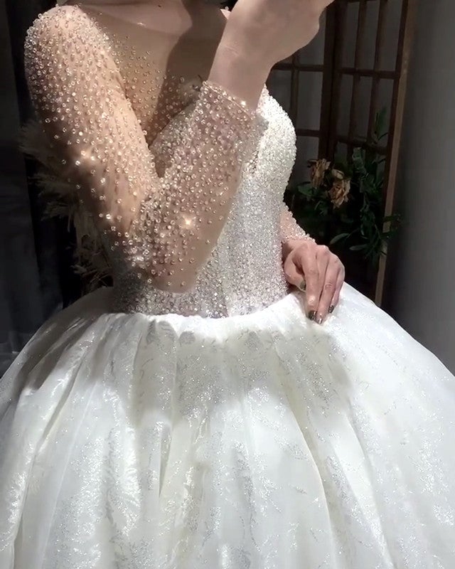 Beaded Long Sleeves Ball Gown Wedding Dresses 2022 alinanova Beaded Long Sleeves Ball Gown Wedding Dresses 2022 alinanova