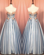 Load image into Gallery viewer, Blue Corset Long Satin Dresses With 3D Flowers
