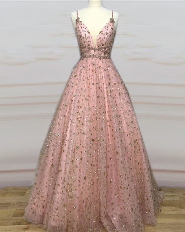 Blush Pink Ball Gown V-Neck Prom Dresses with Gold Stars Blush Pink Ball Gown V-Neck Prom Dresses with Gold Stars