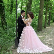 Load image into Gallery viewer, Blush Pink Tulle Long Sleeves Evening Gowns With Floral Flowers-alinanova