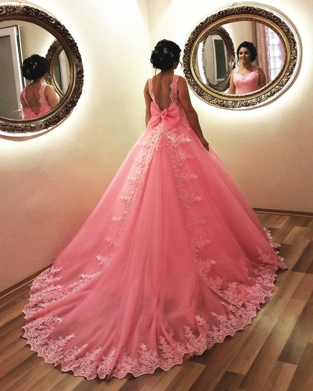 Blush Pink Wedding Dresses Tulle Bow Back Ball Gown – alinanova