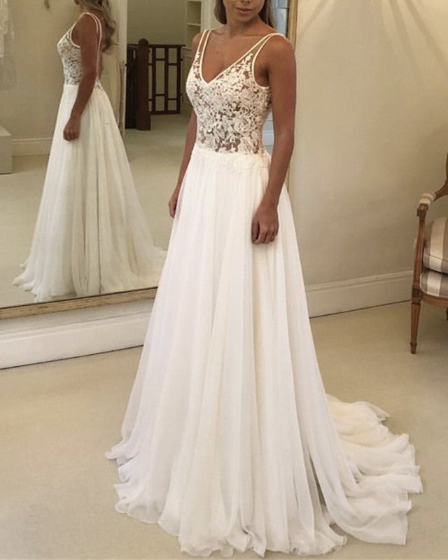 Boho Lace Bodice Chiffon V-neck Wedding Beach Dresses Boho Lace Bodice Chiffon V-neck Wedding Beach Dresses