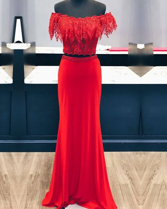 Boho Lace Ruffles Red Two Piece Prom Dress Mermaid alinanova Boho Lace Ruffles Red Two Piece Prom Dress Mermaid alinanova