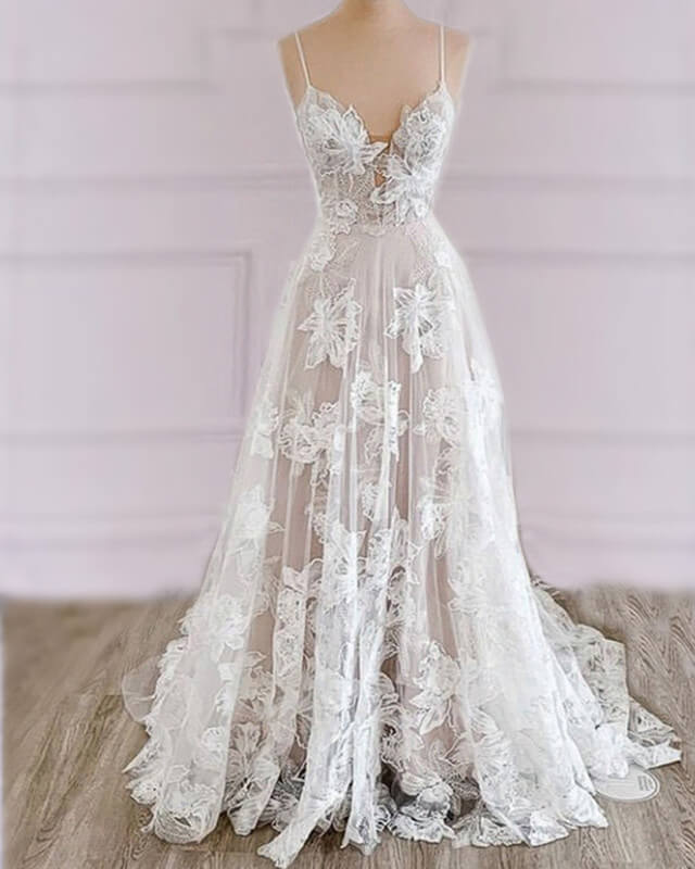 Boho Rustic Wedding Dresses Lace V Neck Spaghetti Straps – alinanova