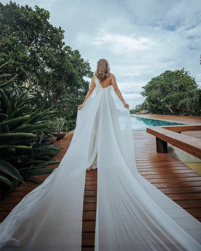 Shoulder Cape Wedding Dress With Long Cape One Shoulder Long White