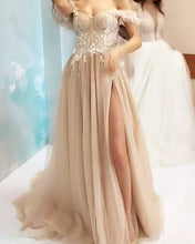 Load image into Gallery viewer, Off Shoulder Tulle Wedding Dress Champagne