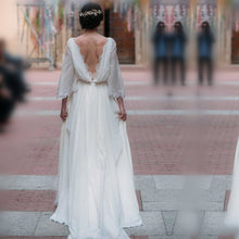 Load image into Gallery viewer, Boho chiffon country wedding dress v neck appliques with puffy sleeves-alinanova