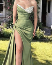Load image into Gallery viewer, Mermaid Beaded V-neck Slit Sage Satin Dress