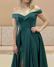 Load image into Gallery viewer, Dark Green Satin Off Shoulder Split Dress