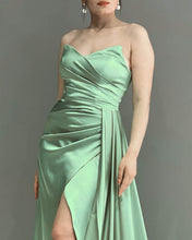 Load image into Gallery viewer, Mermaid Sage V Neck Slit Satin Dress
