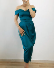 Load image into Gallery viewer, Sheath Off Shoulder Midi Satin Dress