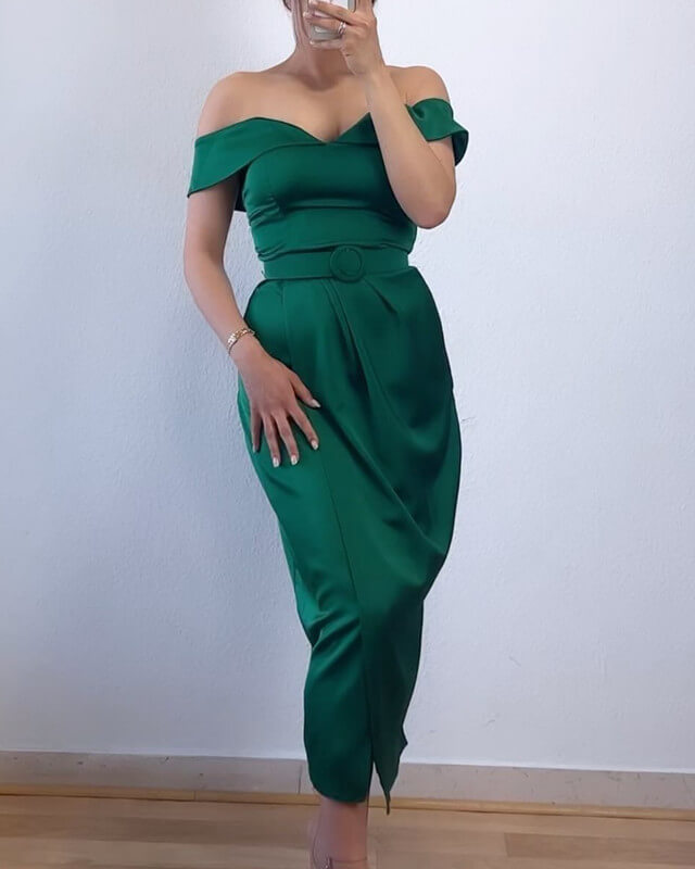 Sheath Off Shoulder Midi Satin Dress Sheath Off Shoulder Midi Satin Dress