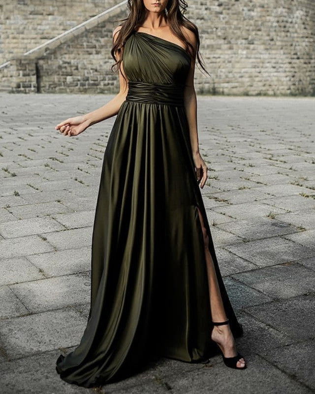 one shoulder chiffon bridesmaid dresses Naeris Timeless One Shoulder Ruched Long Chiffon Bridesmaid Dresses, Dusty Blue