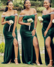 Load image into Gallery viewer, Mermaid Velvet Bridesmaid Dresses Beaded Off The Shoulder