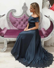 Load image into Gallery viewer, A-line Off The Shoulder Satin Bridesmaid Dresses Lace Edge