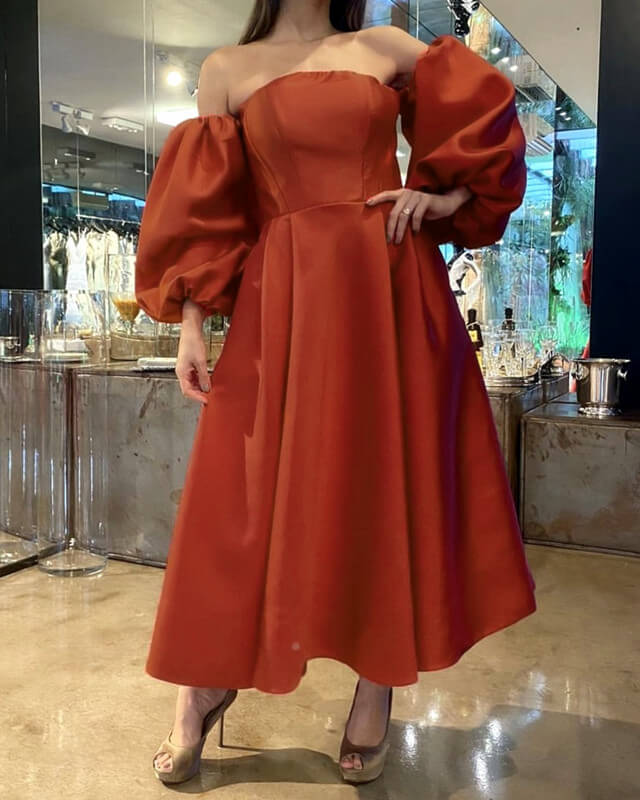Tea Length Satin Dress With Puffy Sleeves Tea Length Satin Dress With Puffy Sleeves