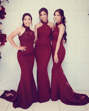 Load image into Gallery viewer, Elegant Lace Halter Mermaid Bridesmaid Dresses Burgundy