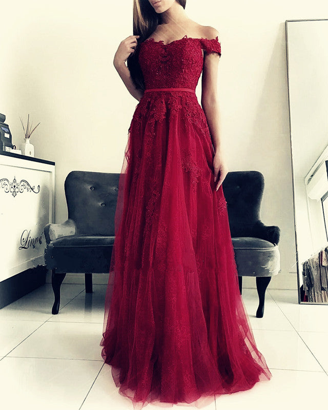 Lace Appliques Off Shoulder Tulle Bridesmaid Dresses Long